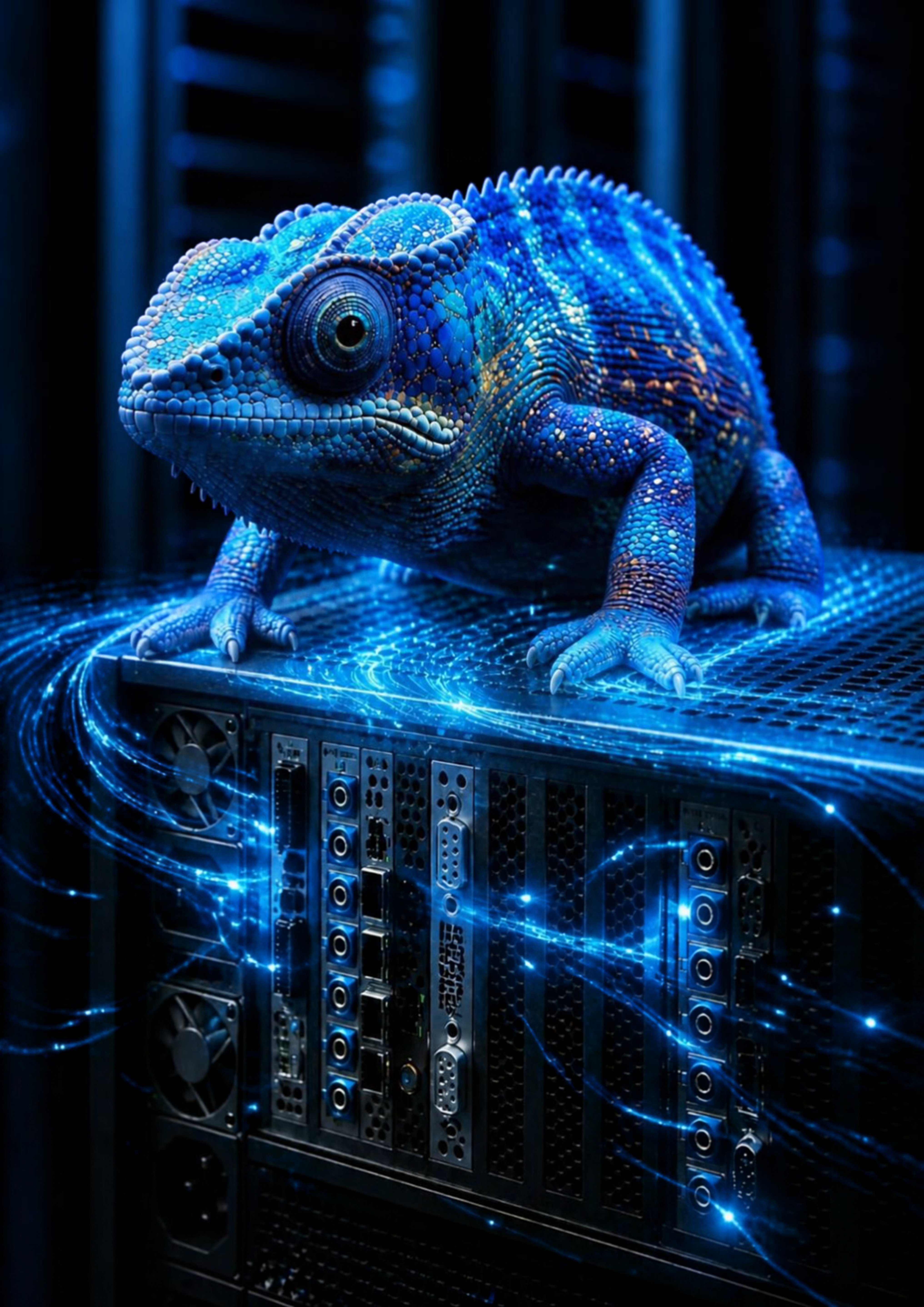 Blaues Chamäleon auf Server-Hardware mit leuchtenden Datenströmen